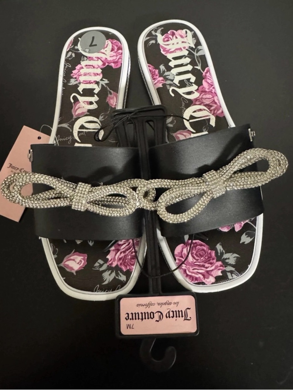 Juicy Couture Black Slide Sandals with Pink Floral Footbed and Crystal Bow